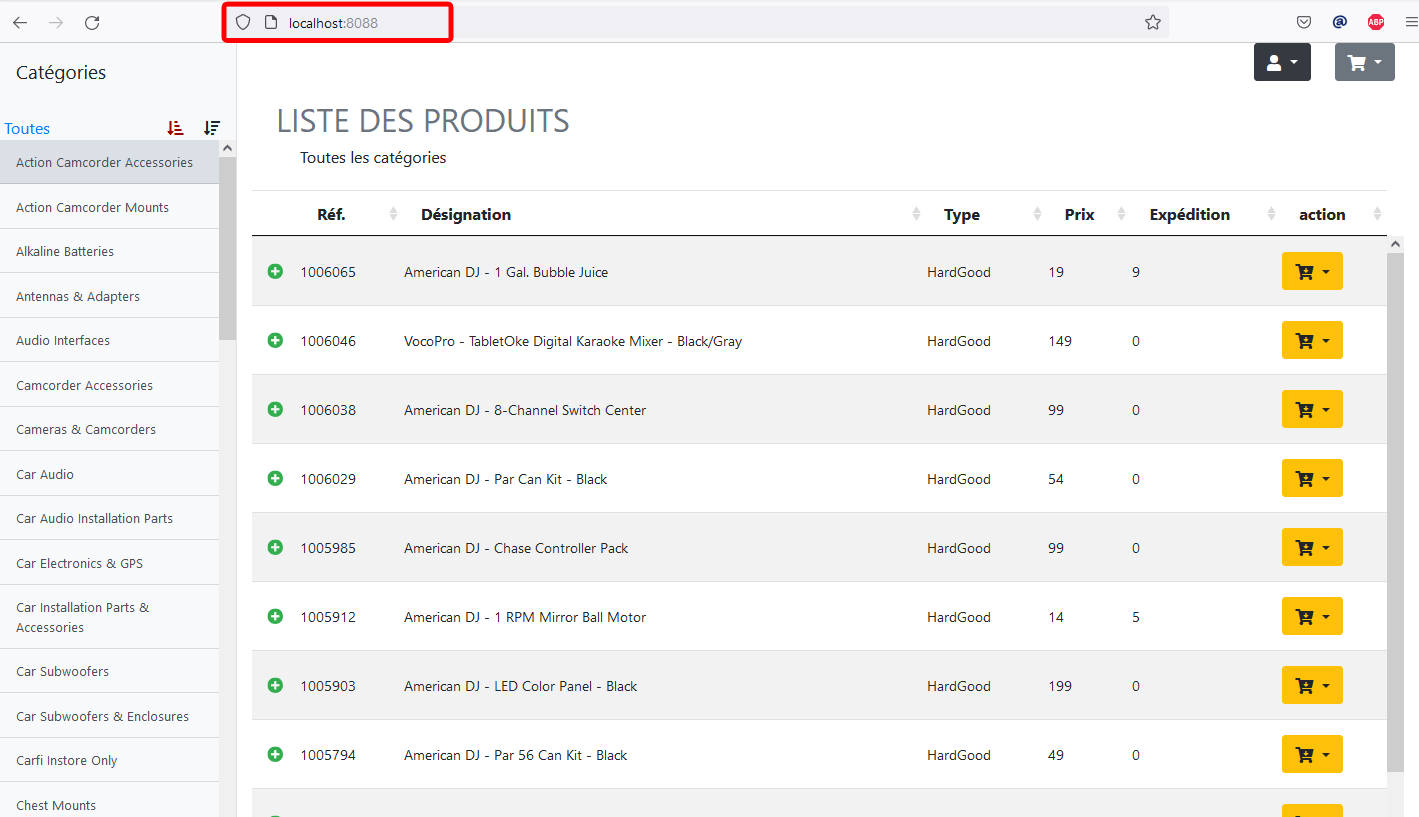 Liste des produits Aperçu appli WebShop